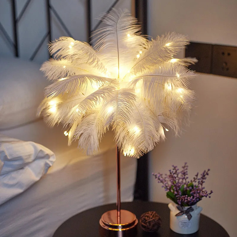 Bedroom LED Night Light Feather Table Lamp Bedside Lamp Modern Wedding Decoration Small Lantern Festive Gift Ins Girl Heart